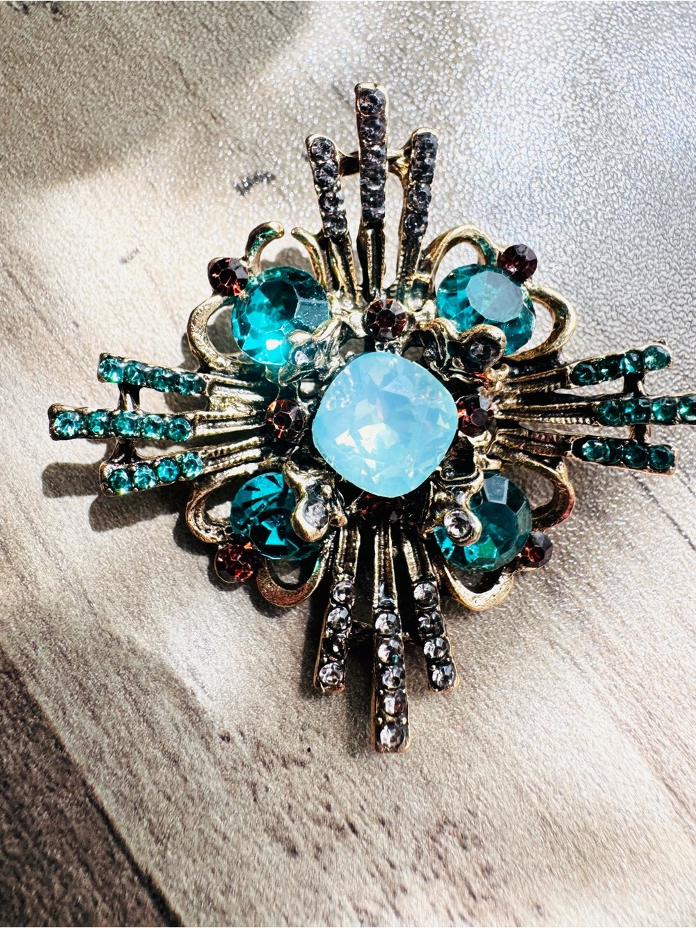 Baroque style Teal Crystal Floral Brooch  statement piece 2” x 2” stunner